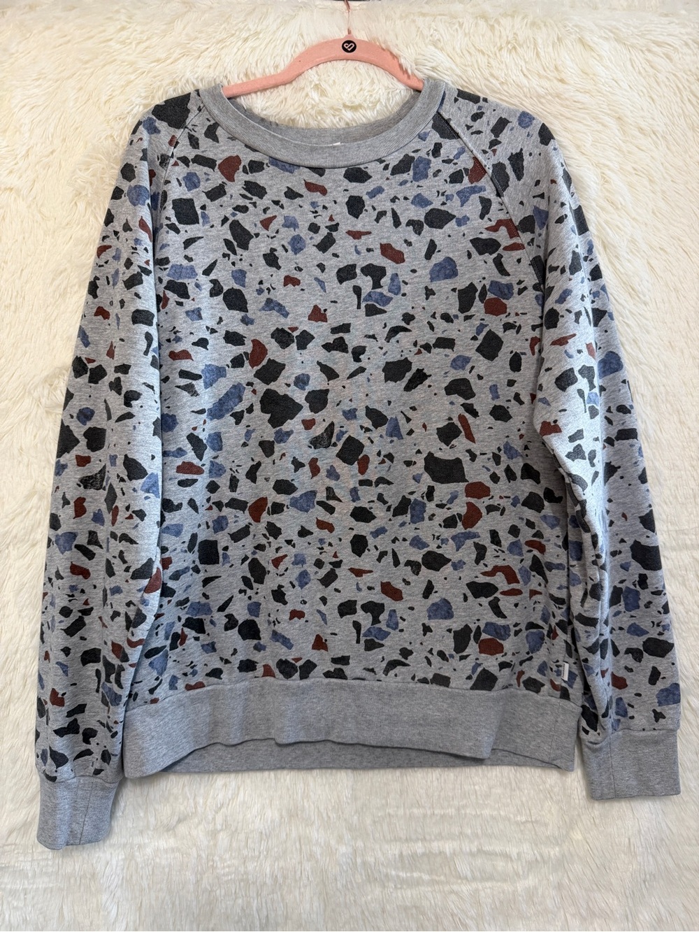 Frank And Oak Womens Terrazzo Chip Print Crewneck Sweater Size L Grey Granola